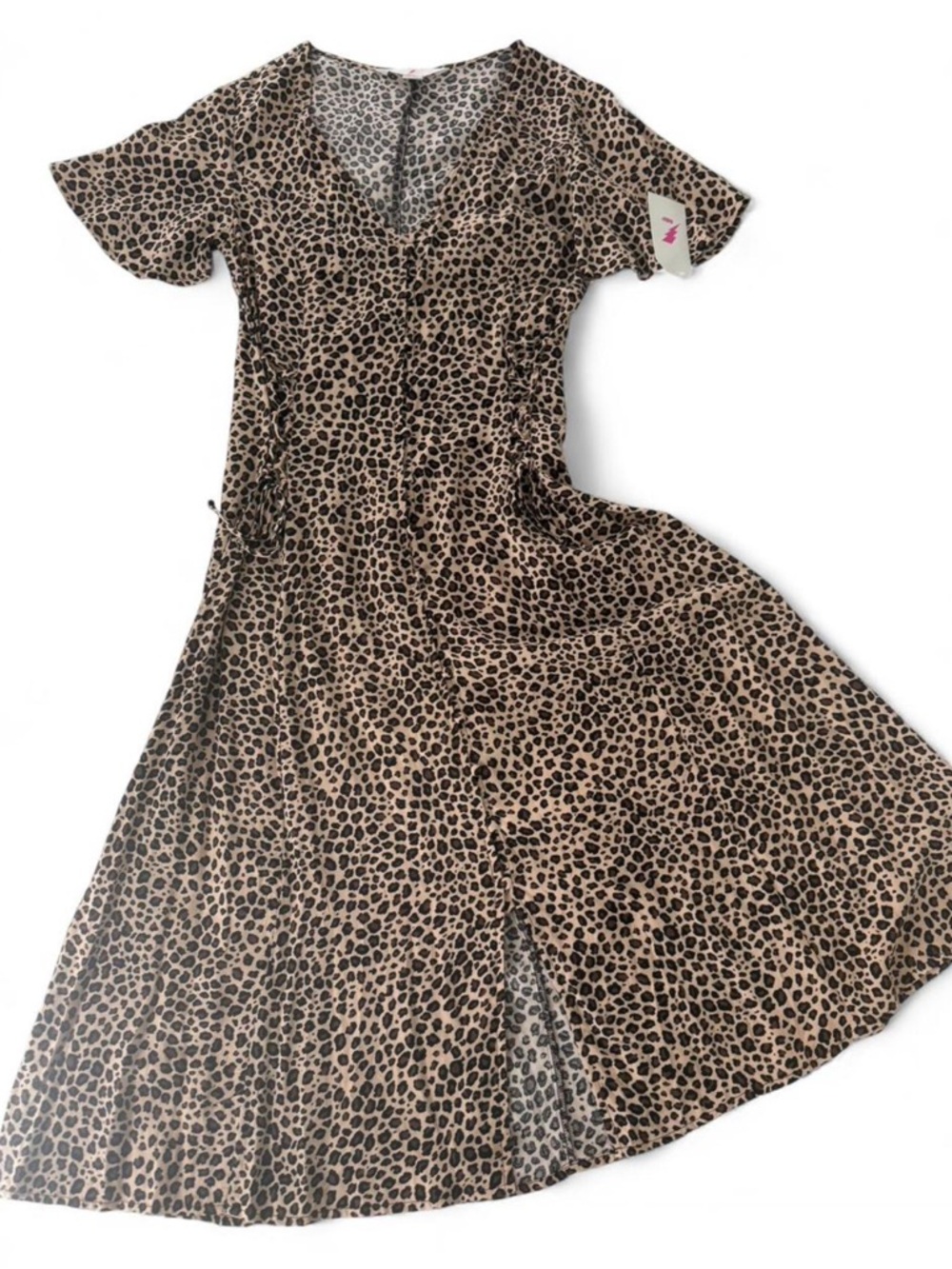 Women Animal Print V-Neck Midi Dress - Tan & Black XS